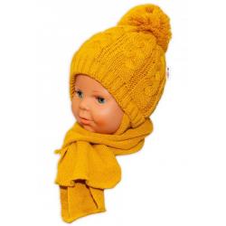 BABY NELLYS Zimní pletená čepička s šálou Baby Bear - hořčicová s bambulkou - 34/36 čepičky obvod