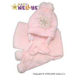 BABY NELLYS Zimní čepička s šálou - Sněhová vločka v růžové - 0/6 měsíců
