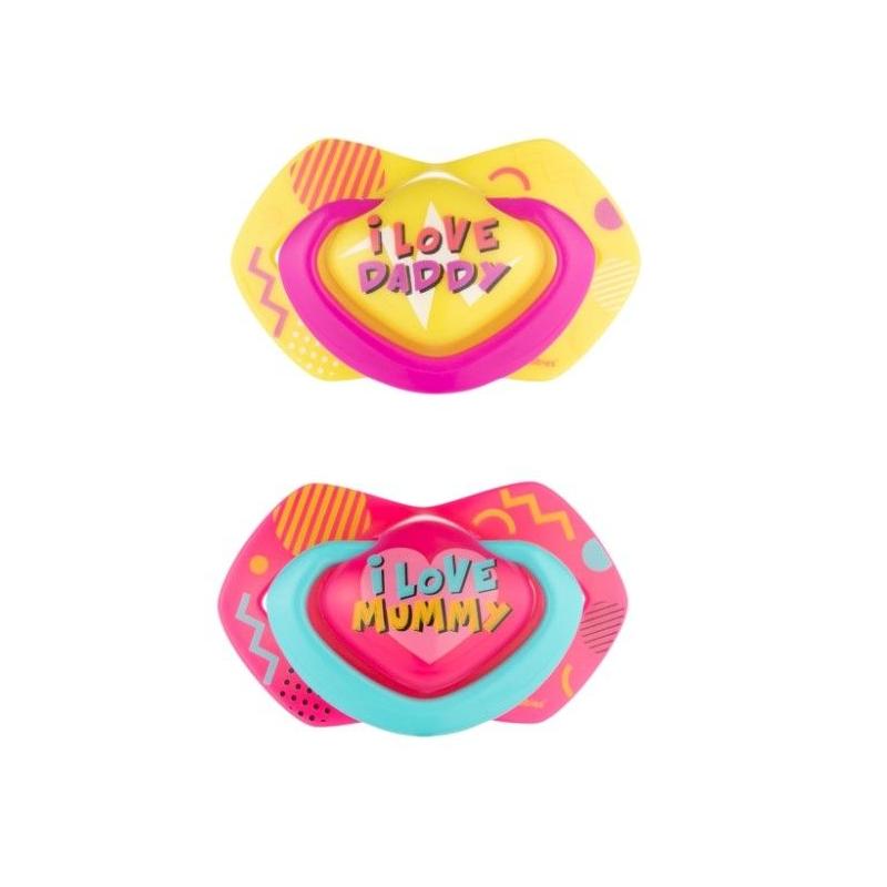 Canpol Babies 2 ks symetrických silikonových dudlíků, +18m, Neon Love Baby, růžovo, žluté