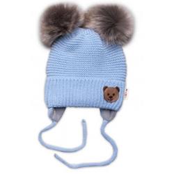 BABY NELLYS Zimní čepice s fleecem Teddy Bear - chlupáčk. bambulky - sv. modrá, šedá - 56-68 (0-6 m)