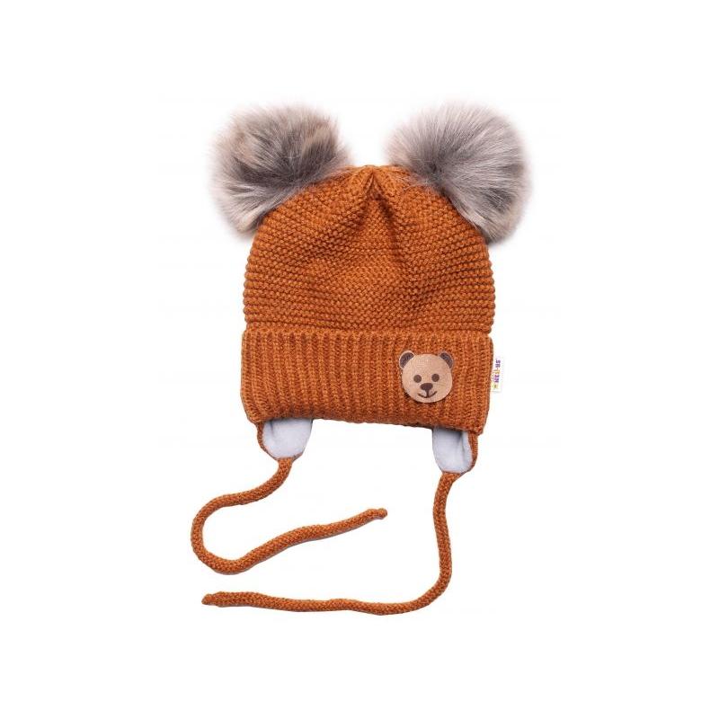 BABY NELLYS Zimní čepice s fleecem Teddy Bear - chlupáčk. bambulky - hnědá, šedá - 56-68 (0-6 m)