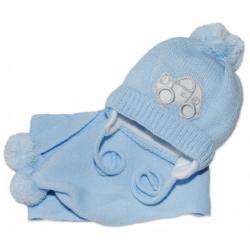 BABY NELLYS Zimní čepička s šálou - Autíčko sv. modré - 56-68 (0-6 m)