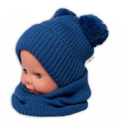 BABY NELLYS Zimní pletená čepice + nákrčník - granát s bambulkami - 92-98 (18-36m)