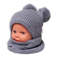 BABY NELLYS Zimní pletená čepice + nákrčník - šedá s bambulkami - 92-98 (18-36m)