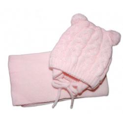 BABY NELLYS Zimní pletená kojenecká čepička s šálou TEDDY - sv. růžová, vel. 62/68 - 62-68 (3-6m)