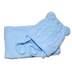 BABY NELLYS Zimní pletená kojenecká čepička s šálou TEDDY - modrá s bambulkami, vel. 62/68 - 62-68 (3-6m)