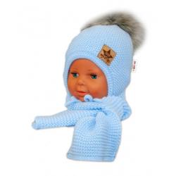 BABY NELLYS Zimní čepička s šálou - chlupáčková bambulka - sv. modrá/šedá - 80-92 (12-24m)