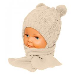 BABY NELLYS Zimní pletená kojenecká čepička s šálou TEDDY - béžová s bambulkami, vel.62/68 - 62-68 (3-6m)