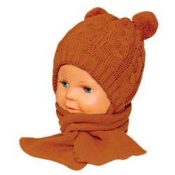 BABY NELLYS Zimní pletená kojenecká čepička s šálou TEDDY - hnědá s bambulkami, vel. 62/68 - 62-68 (3-6m)