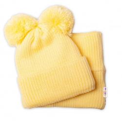 BABY NELLYS Zimní pletená čepice + nákrčník - žlutá s bambulkami - 92-98 (18-36m)