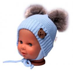 BABY NELLYS Zimní čepice s fleecem Teddy Bear - chlupáčk. bambulky - sv. modrá, šedá - 56-68 (0-6 m)