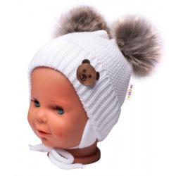 BABY NELLYS Zimní čepice s fleecem Teddy Bear - chlupáčk. bambulky - bílá, šedá - 56-68 (0-6 m)