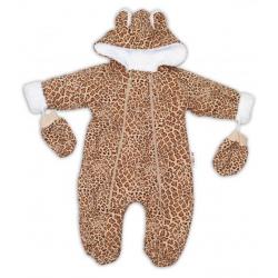 Baby Nellys Zimní kombinézka s kapucí a oušky + rukavičky, Gepard - hnědá - 56 (1-2m)