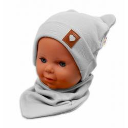 Baby Nellys Žebrovaná dvouvrstvá čepice s oušky + šátek TEDDY