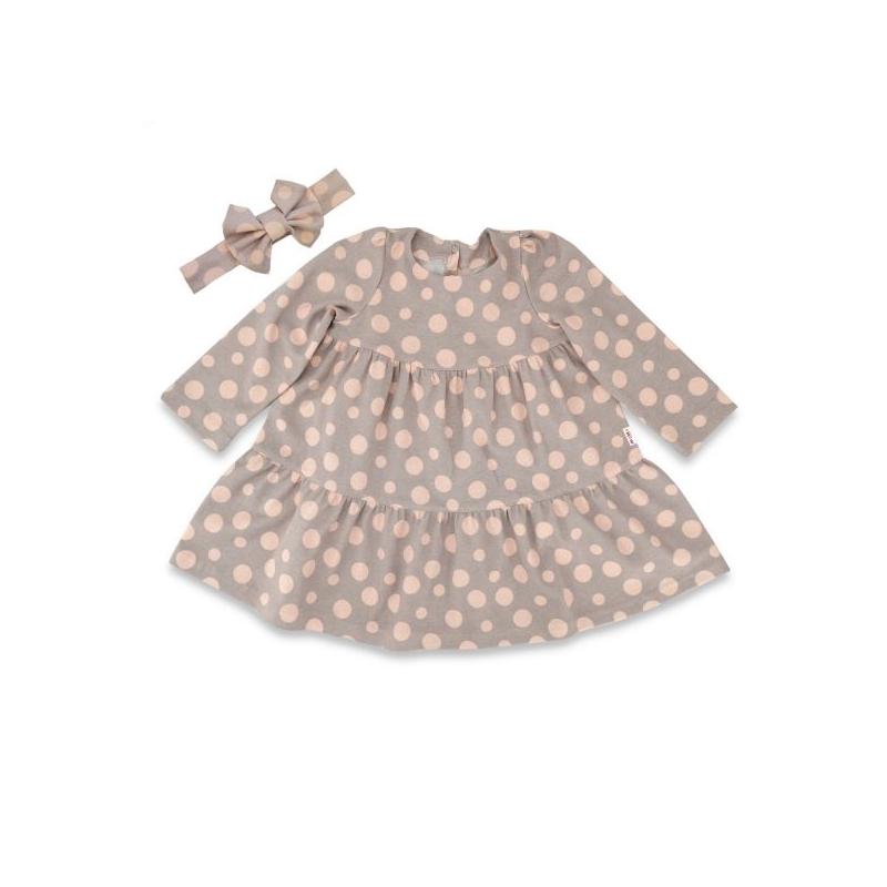 Baby Nellys 2-dílná sada dívčí bavlněné šaty s čelenkou - Puntík - 86 (12-18m)