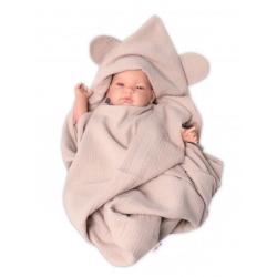Baby Nellys Luxusní dvouvrstvá mušelínová deka, osuška s kapucí 100 x 100 cm, béžová