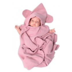 Baby Nellys Luxusní dvouvrstvá mušelínová deka, osuška s kapucí 100 x 100 cm, pudrová