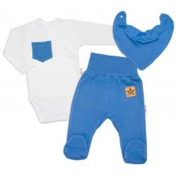 Baby Nellys 3-dílná sada Body dl. rukáv s kapsou, šátek, polodupačky, modrá, bílá - 50 (0-1m)