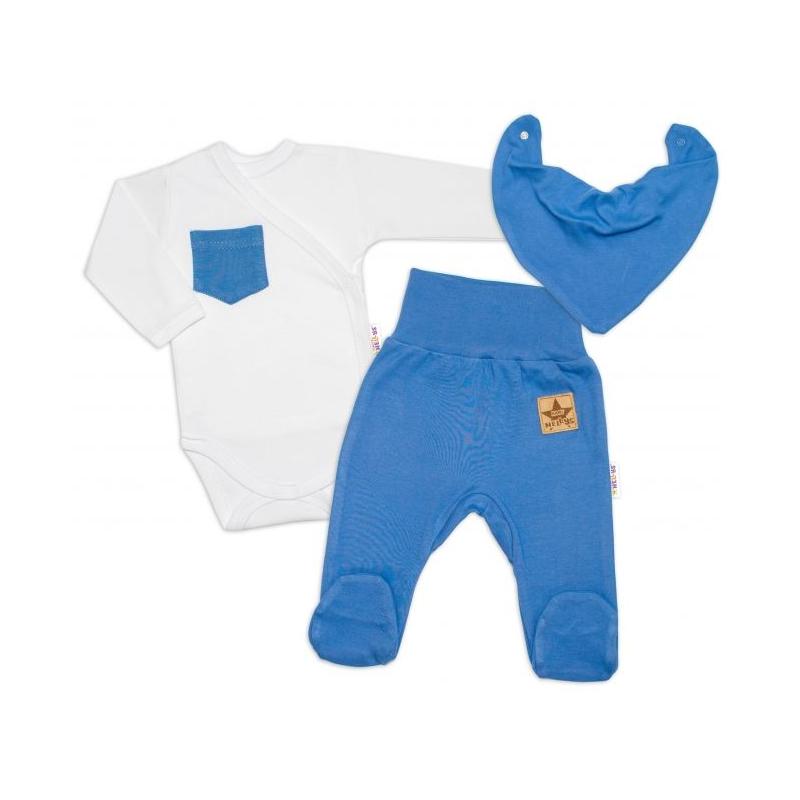Baby Nellys 3-dílná sada Body dl. rukáv s kapsou, šátek, polodupačky, modrá, bílá - 50 (0-1m)