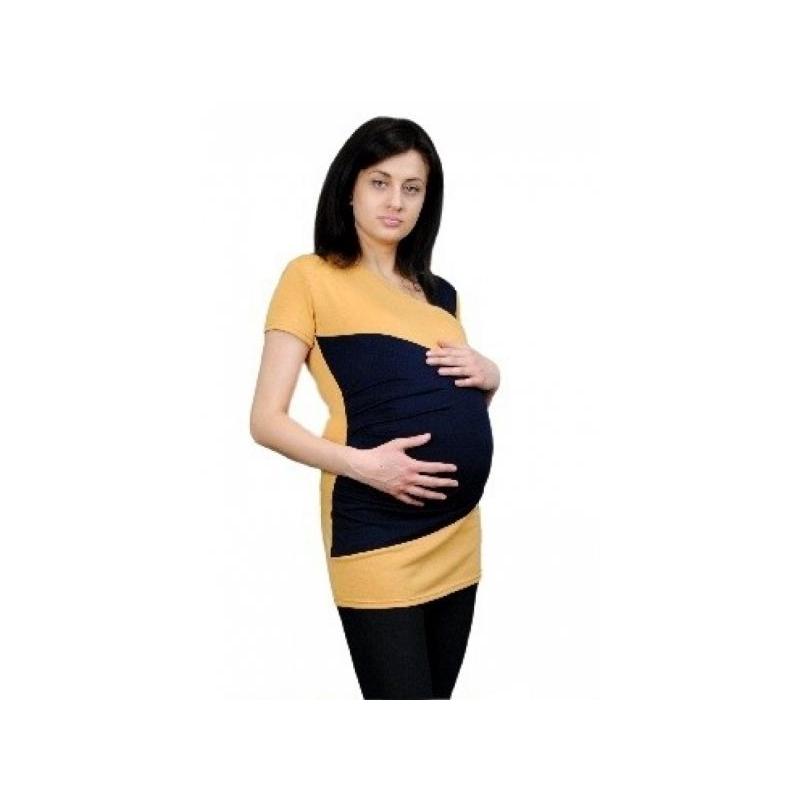 Těhotenská tunika s asymetrickým výstřihem - hořčicová - UNI