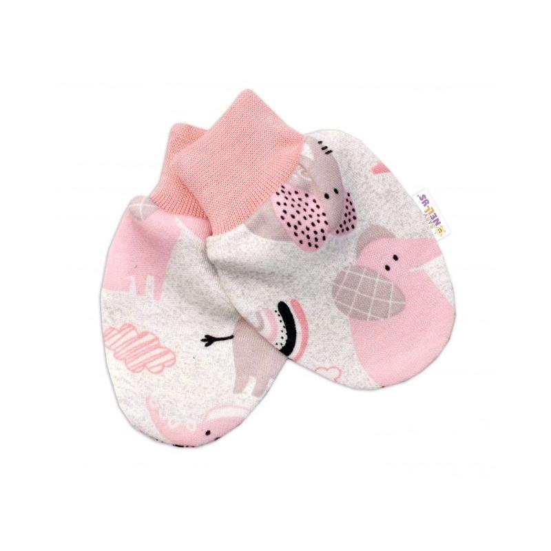 Baby Nellys Bavlněné kojenecké rukavičky Sloníci - růžový lem - 56-62 (0-3m)