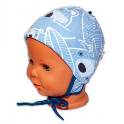 Baby Nellys Bavlněná čepička s oušky na zavazování - Medvídek, modrá, vel. 62/68 - 62-68 (3-6m)