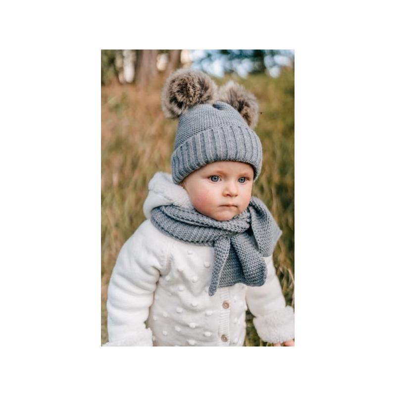 Zimní čepice s kožešinovými bambulemi + šál Baby Nellys Star - šedá, vel. 38-40 cm - 56-68 (0-6 m)