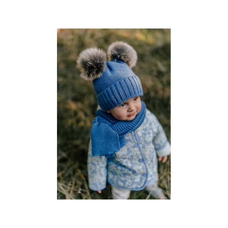 Zimní čepice s kožešinovými bambulemi + šál Baby Nellys Star - modrá, vel. 38-40 cm - 56-68 (0-6 m)