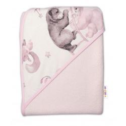 Dětská termoosuška s kapucí Baby Nellys, Zvířátka na mráčku, 100 x 100 cm, růžová