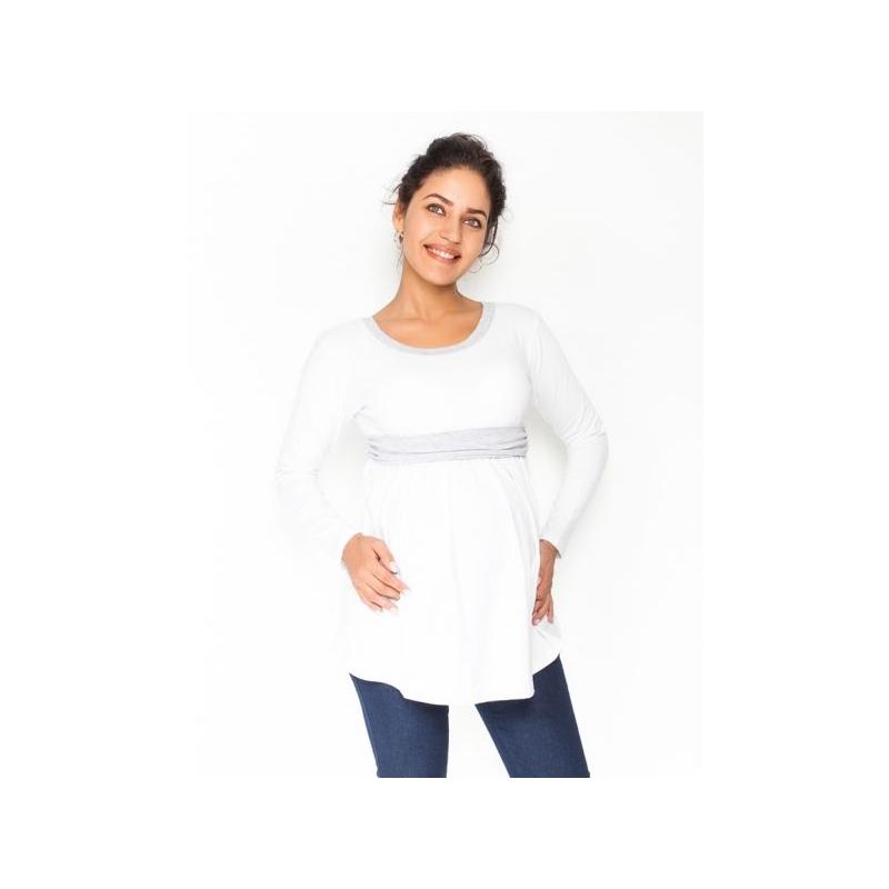 Těhotenská tunika s páskem, dlouhý rukáv Amina - bílá/pásek
