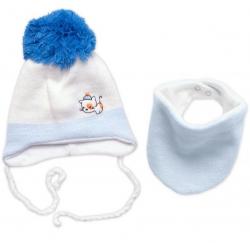 Dvouvrstvá pletená čepice s bambulí na zavazování + šátek Kočička, bílá/modrá - 68-74 (6-9m)