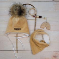 Zimní dvouvrstvá čepice na zavazování s bambulí z kožešinky + šátek Z&Z