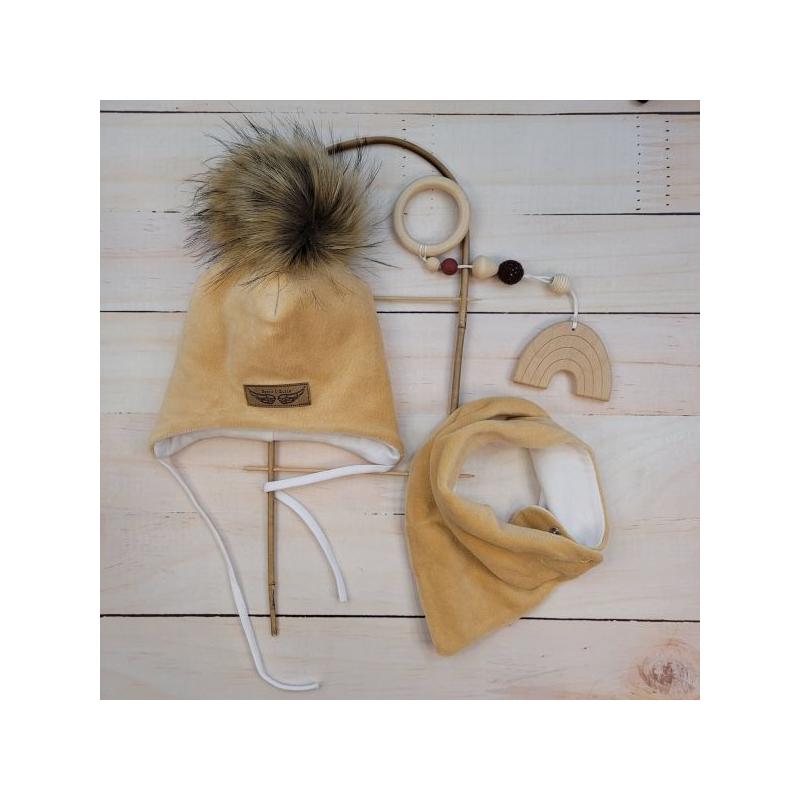 Zimní dvouvrstvá čepice na zavazování s bambulí z kožešinky + šátek Z&Z