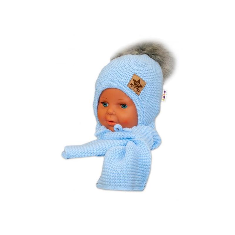 BABY NELLYS Zimní čepička s šálou - chlupáčková bambulka - sv. modrá/šedá - 12/24měsíců