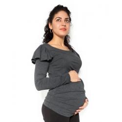 Be MaaMaa Těhotenské triko dlouhý rukáv FANNY s volánkem - tm. šedé
